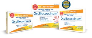 Group of Oscillo boxes, in 6 dose, 30 dose, and 12 dose, and Pharmacy Times US News and World Report award for #1 Homeopathic Flu Product.
